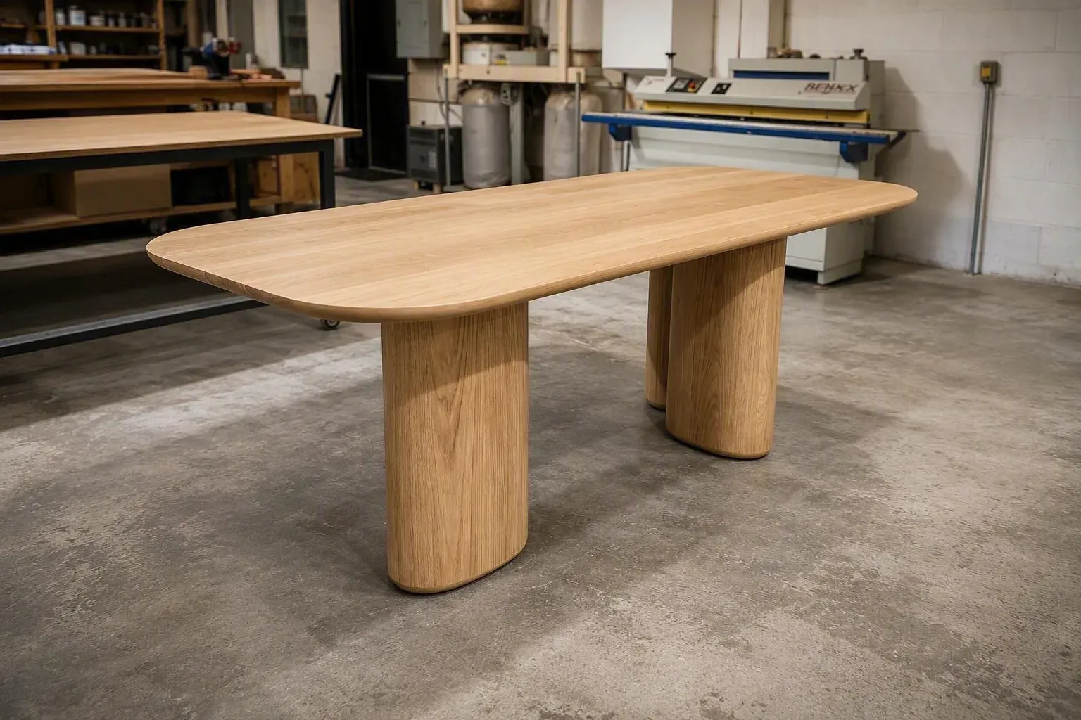 A finished solid-oak table on the floor of the Meubles Ciano workshop in Montréal